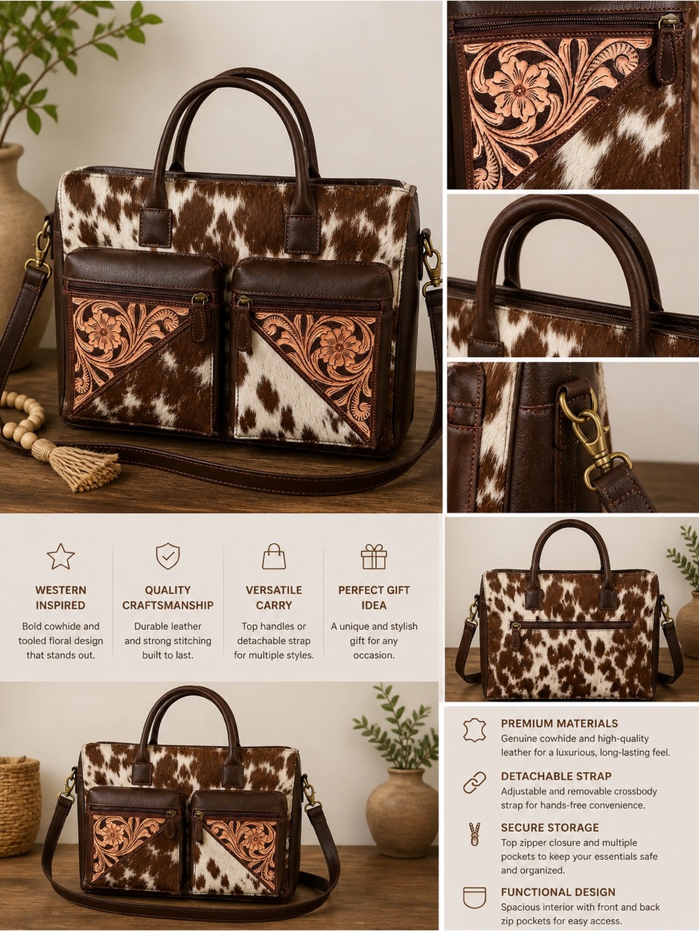 Cowhide Leather Satchel Bag with Tooled Floral Pockets - Brown & White